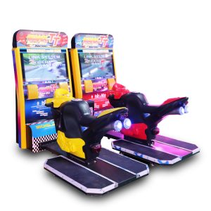 Coin-Operated Racing Motorcycle Arcade Machine with Realistic Controls and Immersive Graphics