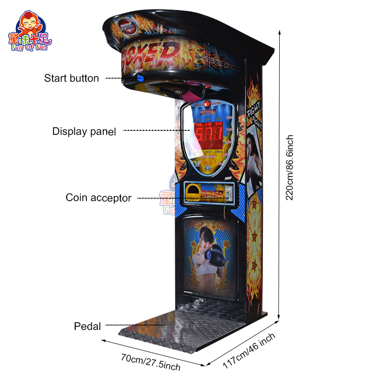 A robust coin-operated boxing arcade game machine designed specifically for adults. The machine features eye-catching graphics, a padded punching bag, and a digital display for scoring. Ideal for bars, clubs, arcades, and adult entertainment centers, it offers a challenging and competitive experience for adult players.