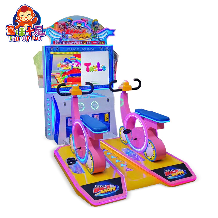 A colorful coin-operated children's bicycle game machine designed to combine exercise with fun. The machine features vibrant graphics, a child-sized stationary bicycle, and an interactive video screen displaying the game. Ideal for arcades, amusement parks, and family entertainment centers, it promotes fitness and entertainment for kids.