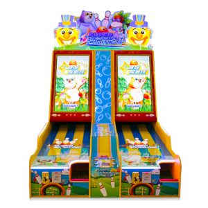 A colorful coin-operated children's bowling arcade game machine designed for kids. The machine features vibrant graphics, a mini bowling lane, and bowling pins, with child-friendly controls. Ideal for arcades, amusement parks, and family entertainment centers, it offers a fun and engaging bowling experience for young players.