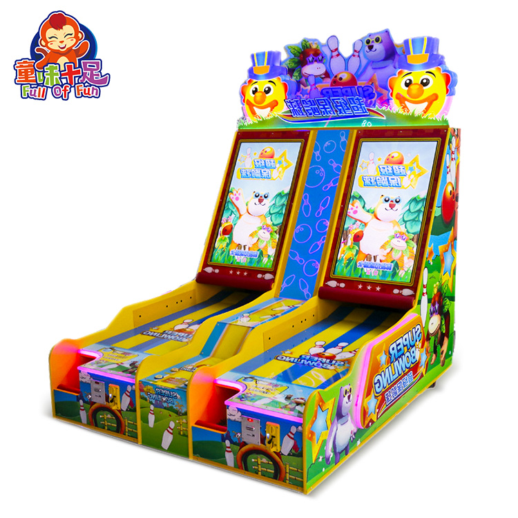 A colorful coin-operated children's bowling arcade game machine designed for kids. The machine features vibrant graphics, a mini bowling lane, and bowling pins, with child-friendly controls. Ideal for arcades, amusement parks, and family entertainment centers, it offers a fun and engaging bowling experience for young players.