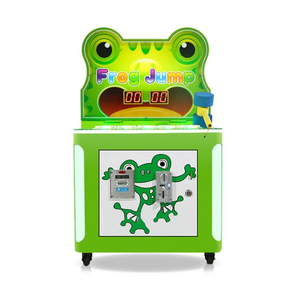 A colorful coin-operated Single-Player Frog Whack-a-Mole Game designed for kids. The machine features a charming frog theme, vibrant graphics, and interactive whack-a-mole gameplay. Ideal for arcades, family entertainment centers, and playrooms, it offers a fun and engaging experience for young players.