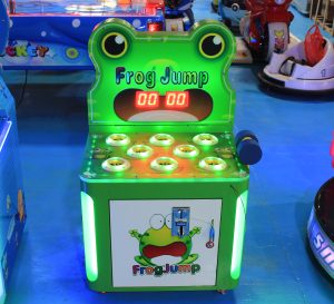 A colorful coin-operated Single-Player Frog Whack-a-Mole Game designed for kids. The machine features a charming frog theme, vibrant graphics, and interactive whack-a-mole gameplay. Ideal for arcades, family entertainment centers, and playrooms, it offers a fun and engaging experience for young players.