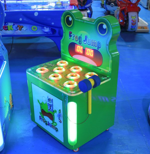 A colorful coin-operated Single-Player Frog Whack-a-Mole Game designed for kids. The machine features a charming frog theme, vibrant graphics, and interactive whack-a-mole gameplay. Ideal for arcades, family entertainment centers, and playrooms, it offers a fun and engaging experience for young players.