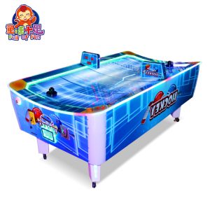 A dynamic Curved Air Hockey Game Machine with a unique curved playing surface, colorful lights, and fast-paced gameplay, perfect for arcades and entertainment centers. Suitable for both kids and adults.