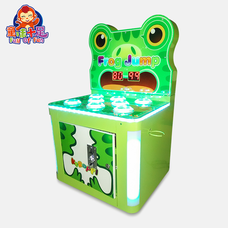 A colorful coin-operated Single-Player Frog Whack-a-Mole Game designed for kids. The machine features a charming frog theme, vibrant graphics, and interactive whack-a-mole gameplay. Ideal for arcades, family entertainment centers, and playrooms, it offers a fun and engaging experience for young players.