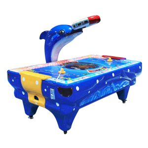 A vibrant Dolphin-Style Air Hockey Game Machine with colorful lights and dolphin-themed design, perfect for arcades and family entertainment centers. Provides exciting gameplay for both kids and adults.