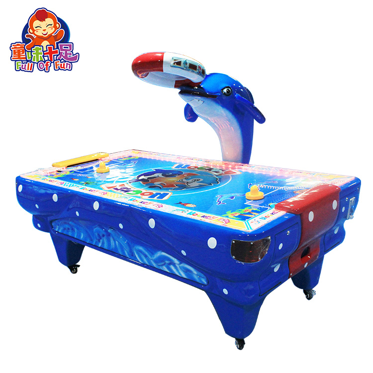 A vibrant Dolphin-Style Air Hockey Game Machine with colorful lights and dolphin-themed design, perfect for arcades and family entertainment centers. Provides exciting gameplay for both kids and adults.