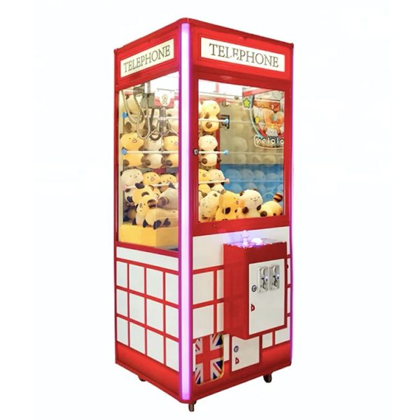 Phone booth style claw machine with colorful stuffed toys inside, attracting players with its vintage design