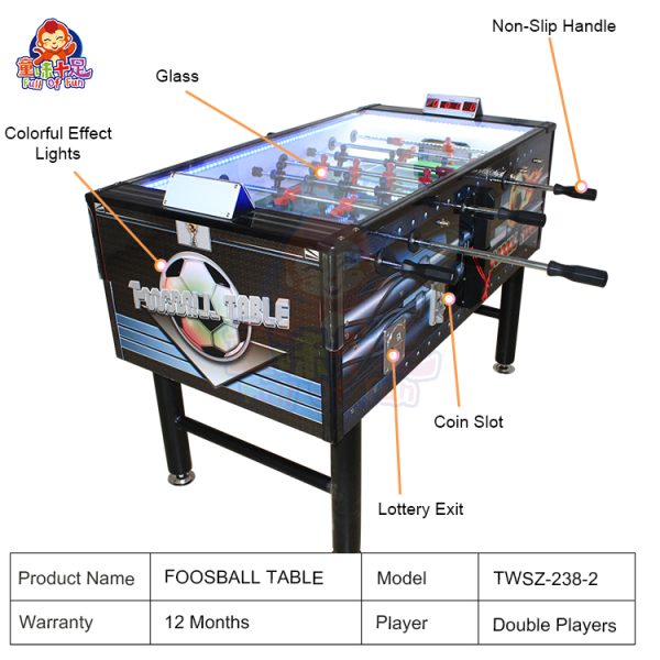 Coin-operated table football machine for kids and adults, perfect for arcades and entertainment venues.