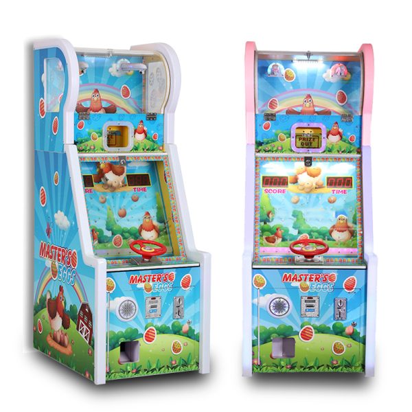 Golden Rooster Laying Eggs Children's Game Machine featuring a colorful screen with a chicken dropping eggs, a basket controlled by a steering wheel, and bright graphics attracting young players.