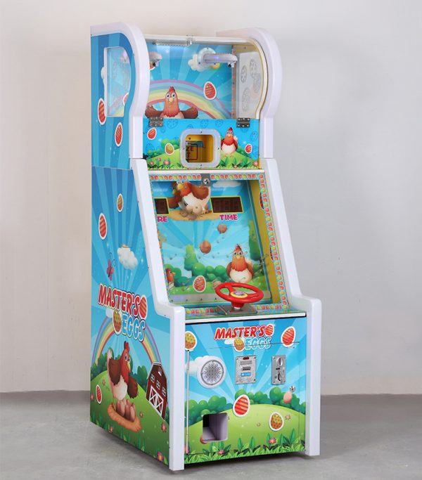 Golden Rooster Laying Eggs Children's Game Machine featuring a colorful screen with a chicken dropping eggs, a basket controlled by a steering wheel, and bright graphics attracting young players.