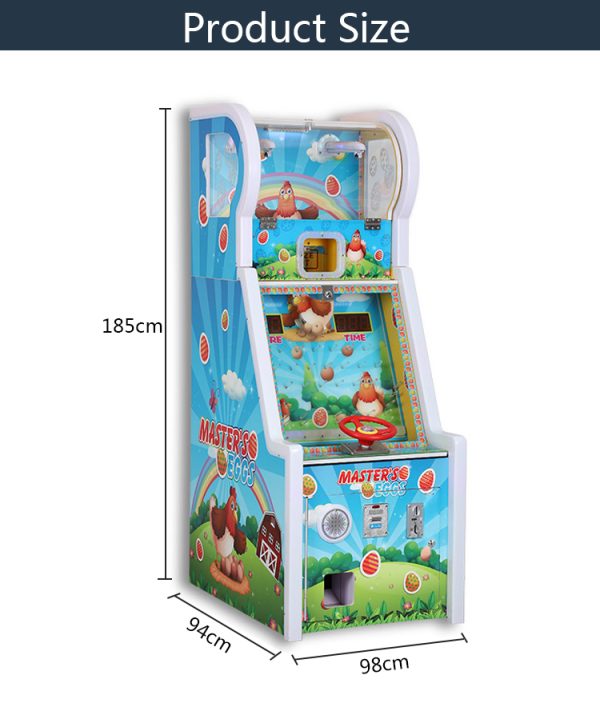 Golden Rooster Laying Eggs Children's Game Machine featuring a colorful screen with a chicken dropping eggs, a basket controlled by a steering wheel, and bright graphics attracting young players.