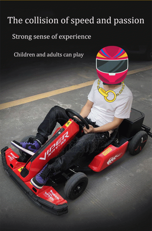 Children’s go-kart with bright colors, perfect for outdoor racing fun and entertainment.