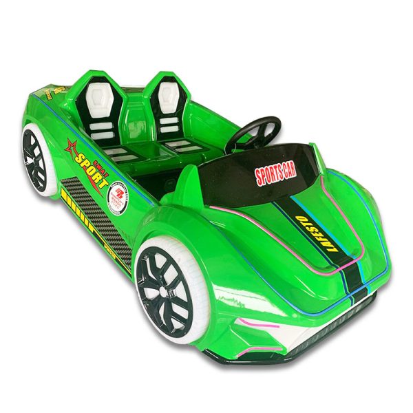 A colorful racing car kiddie ride designed for children, featuring bright colors and a sleek design, located in a playground setting.