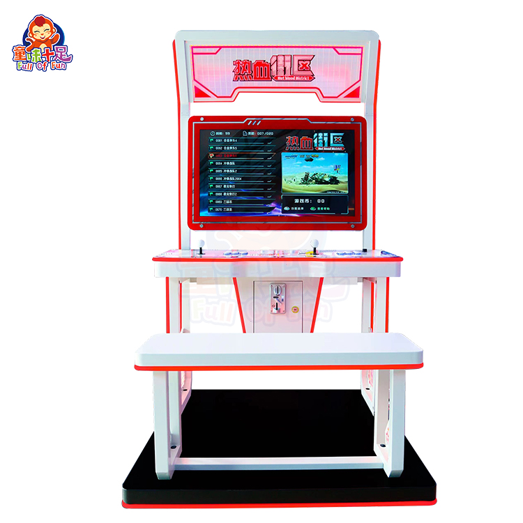 Arcade fighting game machine with two-player controls and vibrant game graphics.