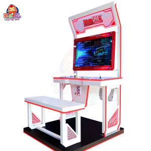 Arcade fighting game machine with two-player controls and vibrant game graphics.