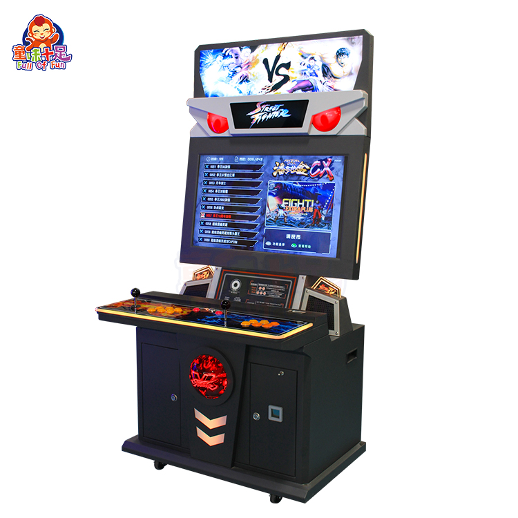 Street fighting arcade machine with joystick controls and vibrant gameplay display.