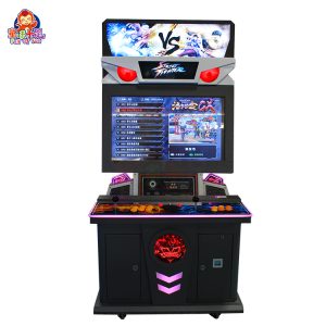 Street fighting arcade machine with joystick controls and vibrant gameplay display.