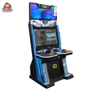 Arcade fighting game machine with colorful screen and joystick controls.