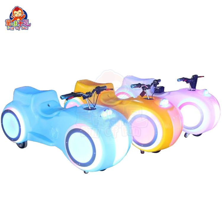 Colorful children's square motorcycle ride with safety features and vibrant design.