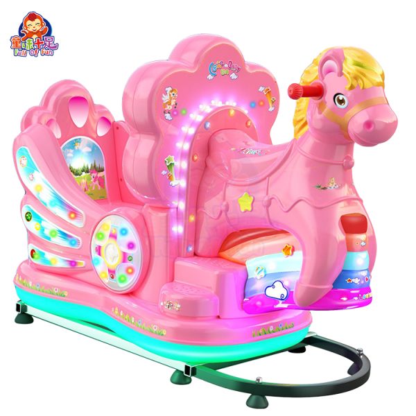 Pony kiddie ride with colorful design and playful sound effects.