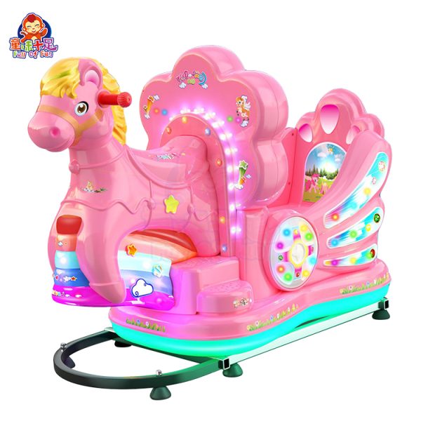 Pony kiddie ride with colorful design and playful sound effects.