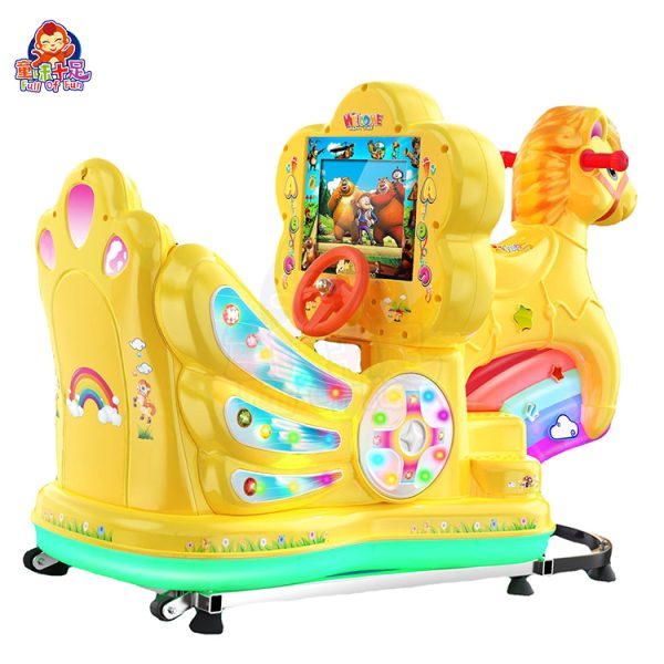 Pony kiddie ride with colorful design and playful sound effects.