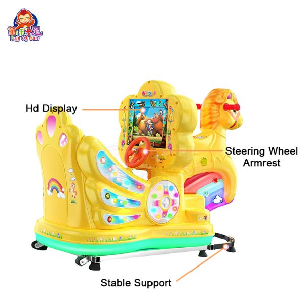 Pony kiddie ride with colorful design and playful sound effects.