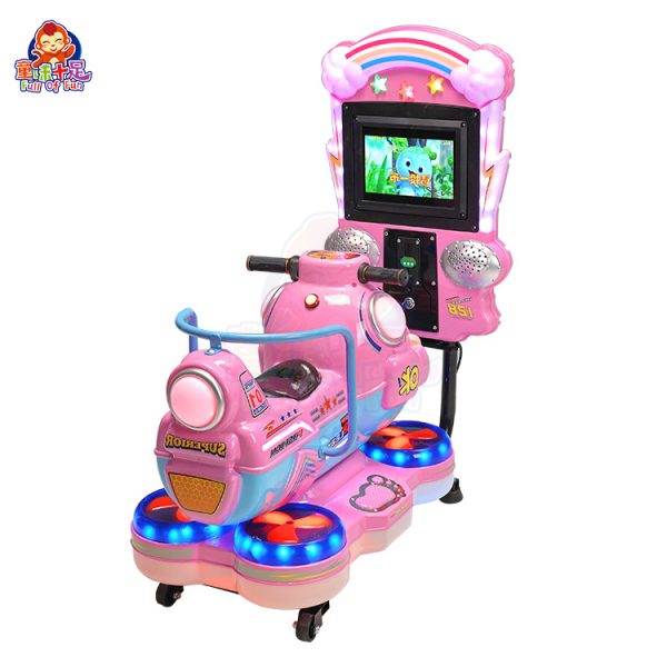 Motorcycle kiddie ride with bright design and fun sound effects.