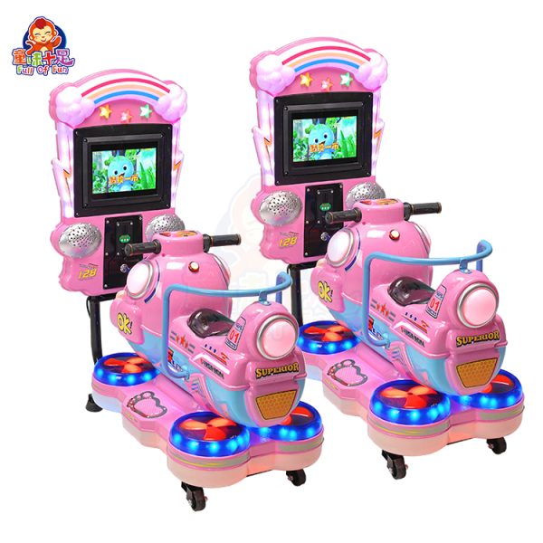 Motorcycle kiddie ride with bright design and fun sound effects.