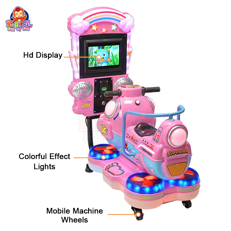 Motorcycle kiddie ride with bright design and fun sound effects.