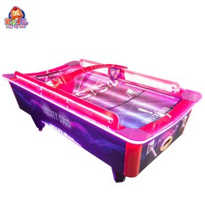 Curved air hockey table for competitive play.