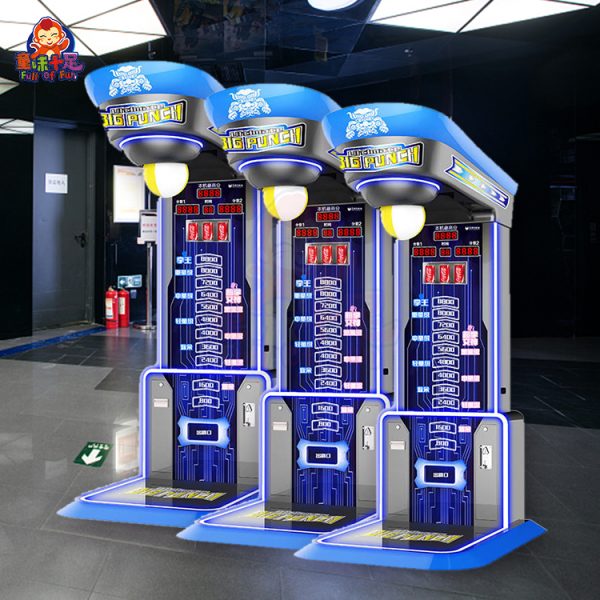 Luxury boxing machine with player preparing to punch for a high score in an entertainment venue.