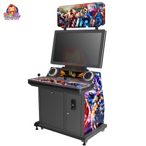 Arcade fighting game machine with two players competing using joystick and button controls.