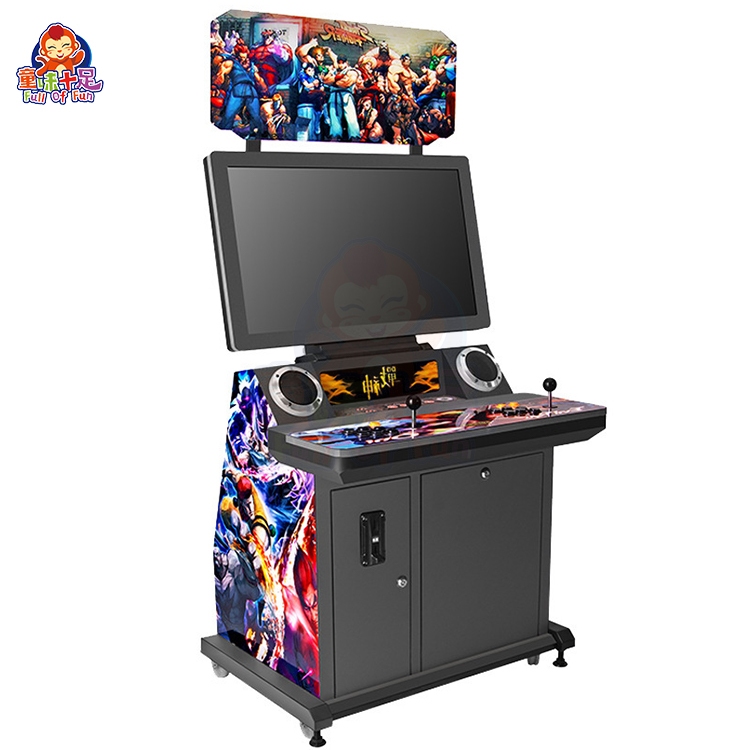 Arcade fighting game machine with two players competing using joystick and button controls.