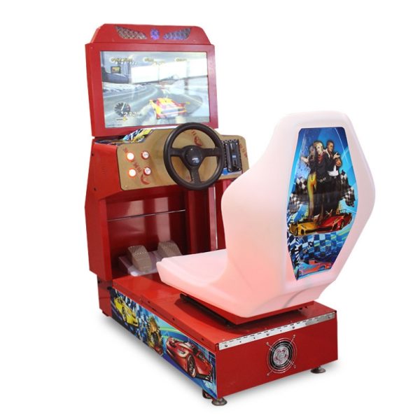 Arcade racing machine with vibrant screen and realistic driving controls.