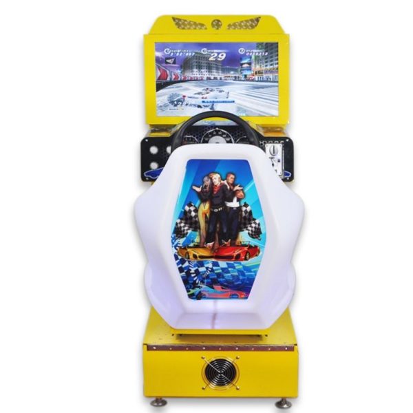 Arcade racing machine with vibrant screen and realistic driving controls.