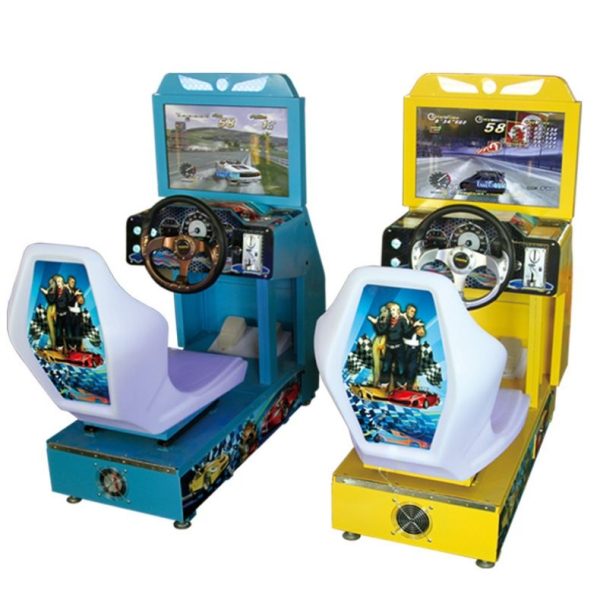 Arcade racing machine with vibrant screen and realistic driving controls.