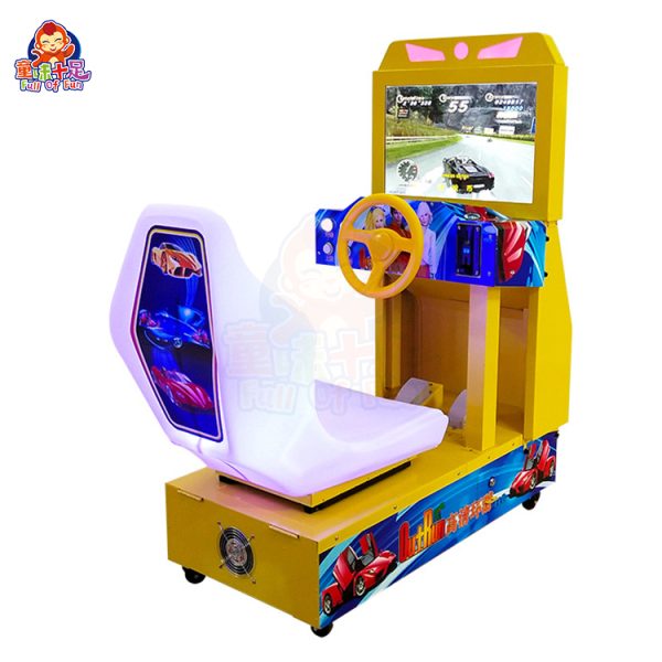 Arcade racing machine with vibrant screen and realistic driving controls.