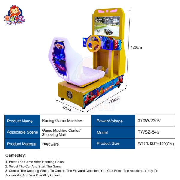 Arcade racing machine with vibrant screen and realistic driving controls.