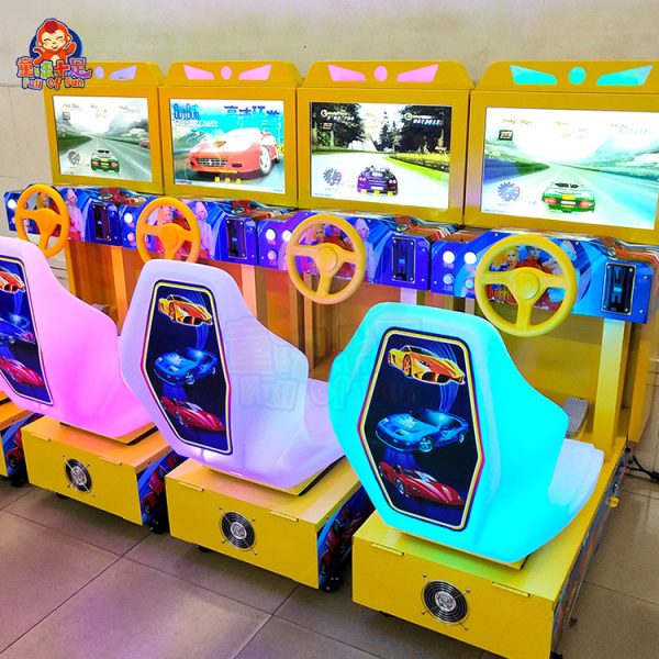 Arcade racing machine with vibrant screen and realistic driving controls.