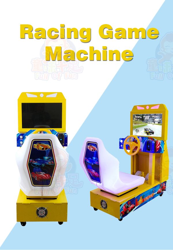 Arcade racing machine with vibrant screen and realistic driving controls.