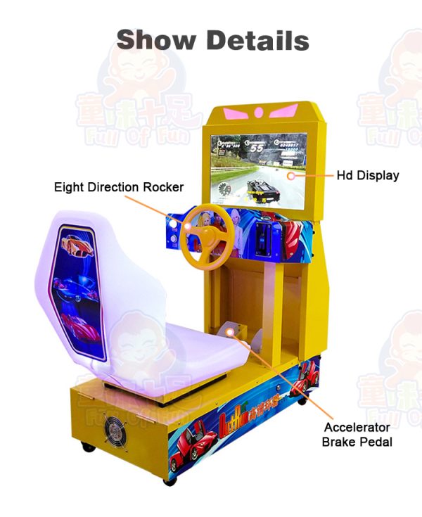 Arcade racing machine with vibrant screen and realistic driving controls.