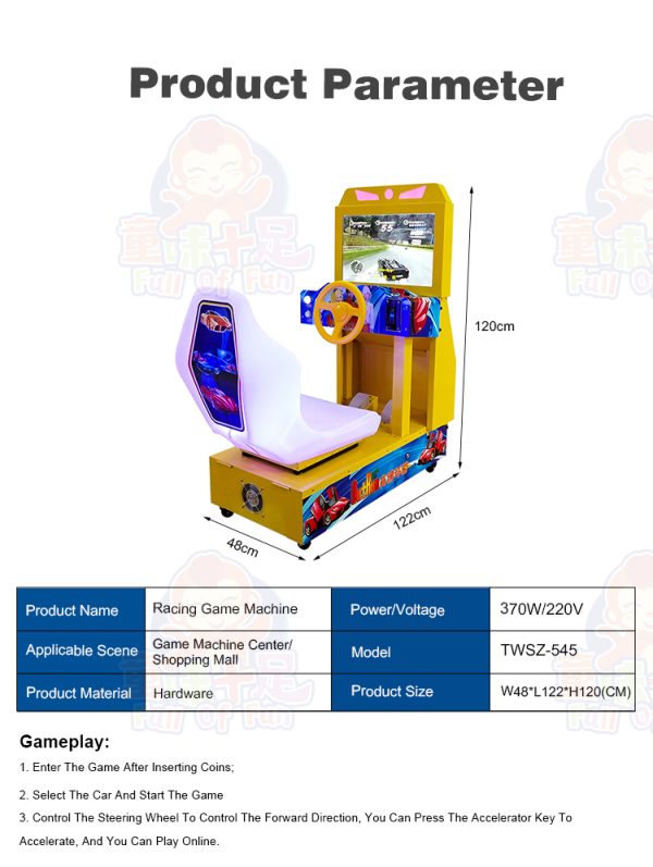 Arcade racing machine with vibrant screen and realistic driving controls.