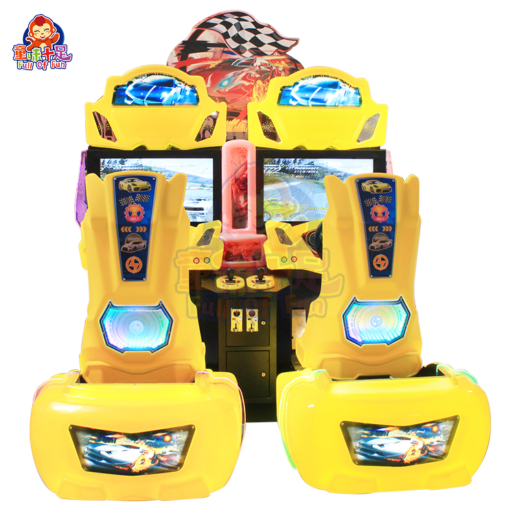 Two-player arcade racing game machine with dual seats, steering wheels, and colorful LED lights.