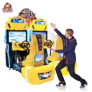 Two-player arcade racing game machine with dual seats, steering wheels, and colorful LED lights.