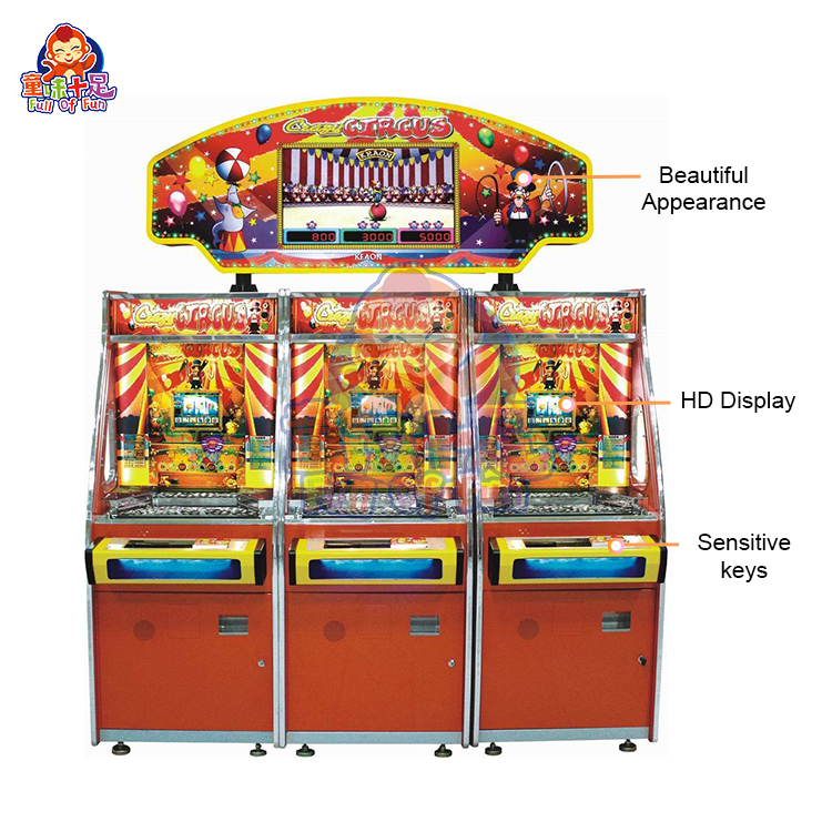 Three-player circus-themed coin pusher machine with vibrant lights and sound effects.