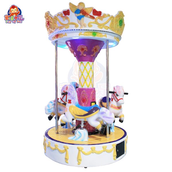 A colorful, coin-operated three-seater carousel ride for kids.