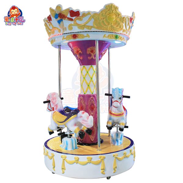 A colorful, coin-operated three-seater carousel ride for kids.